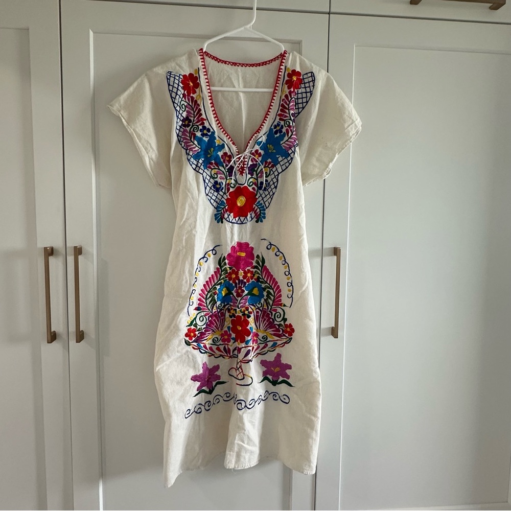 Embroidered White Dress with Multicolor Accents